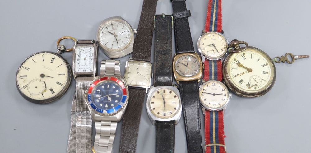 Eight assorted gentlemans wrist watches including Cyma and Majex and two pocket watches